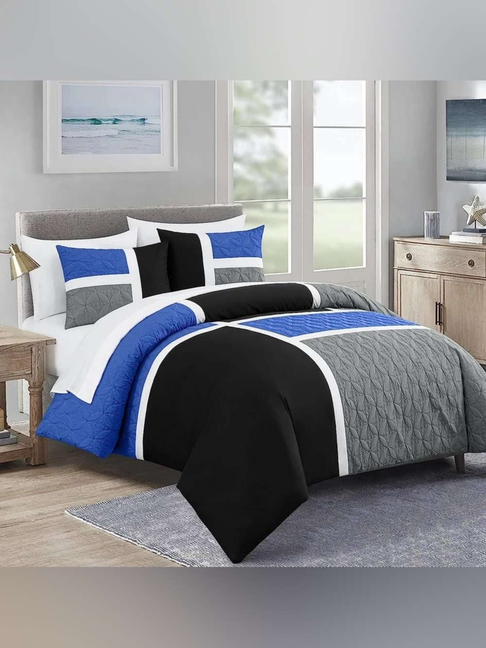 Modern Blue, Black & Gray Geometric king 3 piece comforter set